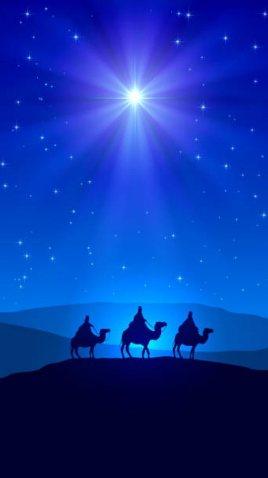 Christian Christmas night with shining star on blue sky and three wise men, illustration.